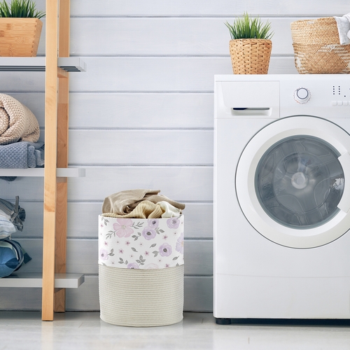 Watercolor Floral Lavender and Grey Collection Woven Laundry Rope Basket Hamper with Liner - alt image 1