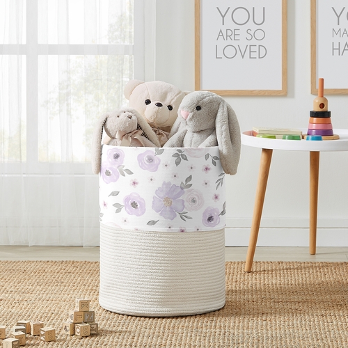 Watercolor Floral Lavender and Grey Collection Woven Laundry Rope Basket Hamper with Liner - alt image 2