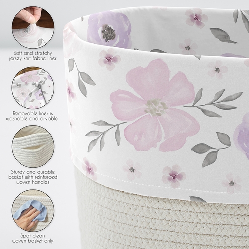 Watercolor Floral Lavender and Grey Collection Woven Laundry Rope Basket Hamper with Liner - alt image 3