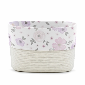 Watercolor Floral Lavender and Grey Collection Woven Rope Storage Basket