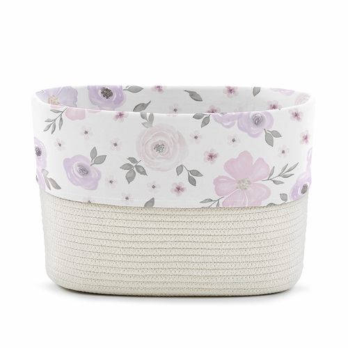 Watercolor Floral Lavender and Grey Collection Woven Rope Storage Basket