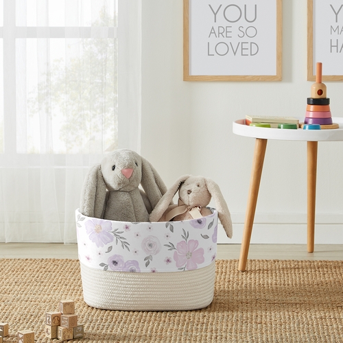 Watercolor Floral Lavender and Grey Collection Woven Rope Storage Basket - alt image 1