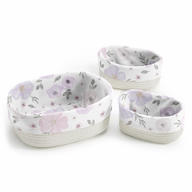 Watercolor Floral Lavender and Grey Collection Woven Storage Basket Set