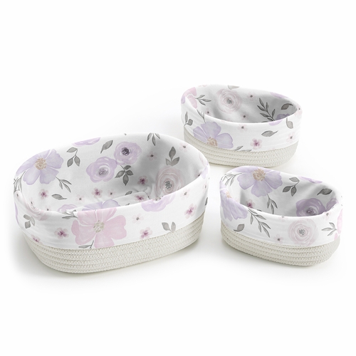 Watercolor Floral Lavender and Grey Collection Woven Storage Basket Set