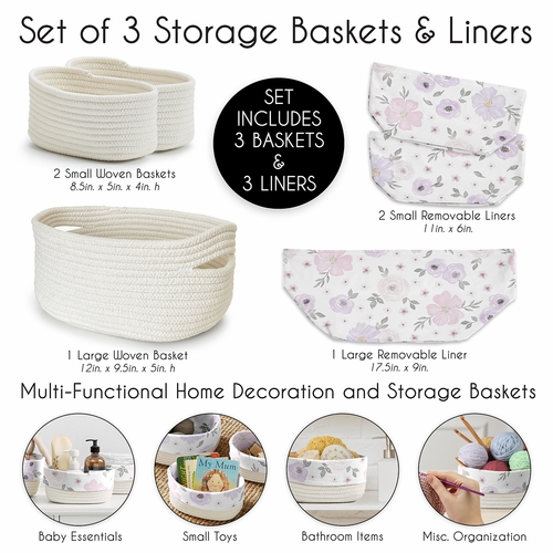 Watercolor Floral Lavender and Grey Collection Woven Storage Basket Set - alt image 4
