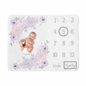 Watercolor Floral Lavender And Grey Monthly Milestone Baby Blanket