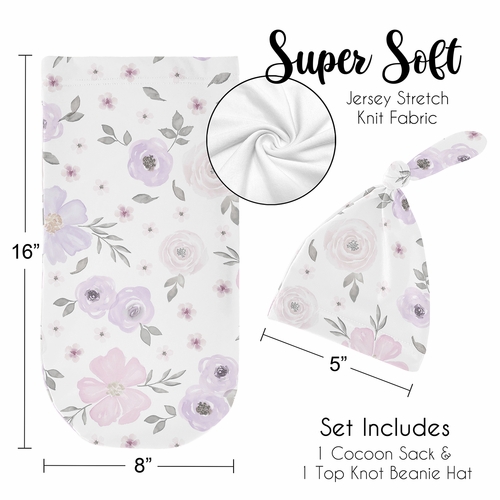 Watercolor Floral Lavender Purple And Grey Collection Baby Cocoon and Beanie Hat - 2 Piece Set - alt image 4