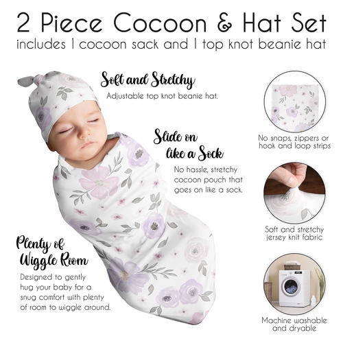 Watercolor Floral Lavender Purple And Grey Collection Baby Cocoon and Beanie Hat - 2 Piece Set - alt image 5