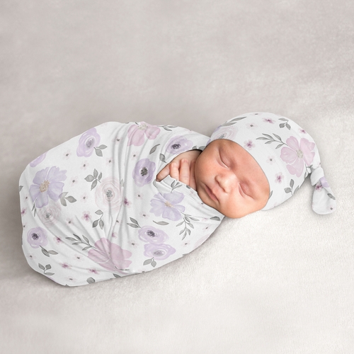Watercolor Floral Lavender Purple And Grey Collection Baby Cocoon and Beanie Hat - 2 Piece Set