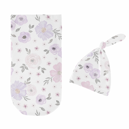 Watercolor Floral Lavender Purple And Grey Collection Baby Cocoon and Beanie Hat - 2 Piece Set - alt image 1