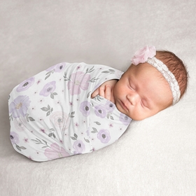 Watercolor Floral Lavender Purple And Grey Collection Baby Swaddle Blanket