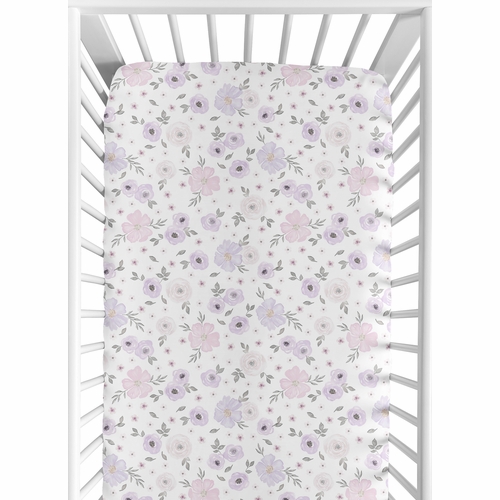 Watercolor Floral Lavender Purple And Grey Collection Jersey Knit Crib Sheet