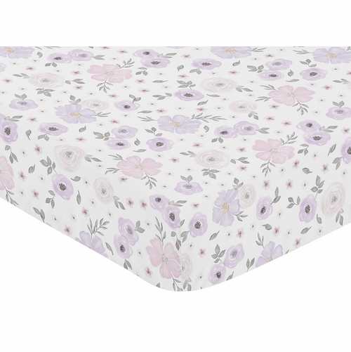 Watercolor Floral Lavender Purple And Grey Collection Jersey Knit Crib Sheet - alt image 2