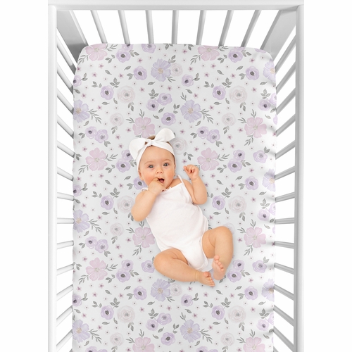 Watercolor Floral Lavender Purple And Grey Collection Jersey Knit Crib Sheet - alt image 3