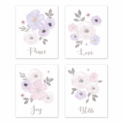 Watercolor Floral Lavender Purple and Grey Collection Wall Art Prints - Set of 4