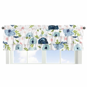 Watercolor Floral Navy and Pink Collection Tiered Window Valance