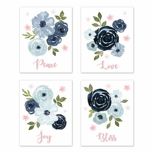 Watercolor Floral Navy and Pink Collection Wall Art Prints - Set of 4