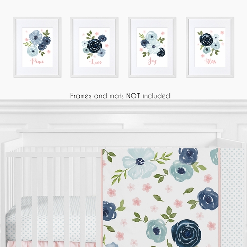 Watercolor Floral Navy and Pink Collection Wall Art Prints - Set of 4 - alt image 1