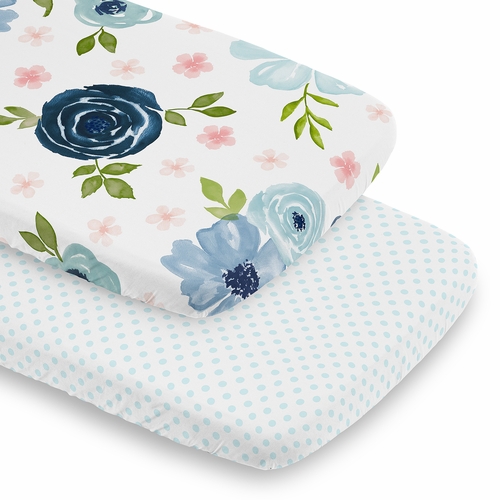 Watercolor Floral Navy Blue And Pink Collection 2 Pack Baby Bassinet Fitted Sheets