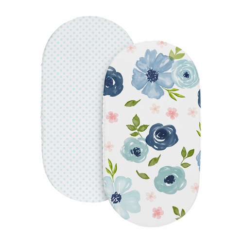 Watercolor Floral Navy Blue And Pink Collection 2 Pack Baby Bassinet Fitted Sheets - alt image 1