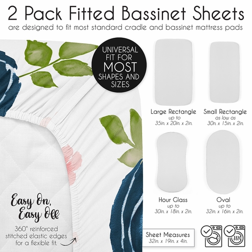 Watercolor Floral Navy Blue And Pink Collection 2 Pack Baby Bassinet Fitted Sheets - alt image 5