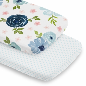 Watercolor Floral Navy Blue And Pink Collection 2 Pack Baby Bassinet Fitted Sheets