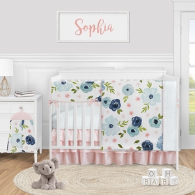 Watercolor Floral Navy Blue and Pink Collection 5 Piece Crib Bedding