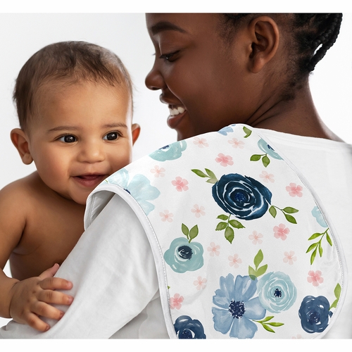 Watercolor Floral Navy Blue and Pink Collection Absorbent Burp Cloths - 3 Pack Set - alt image 1