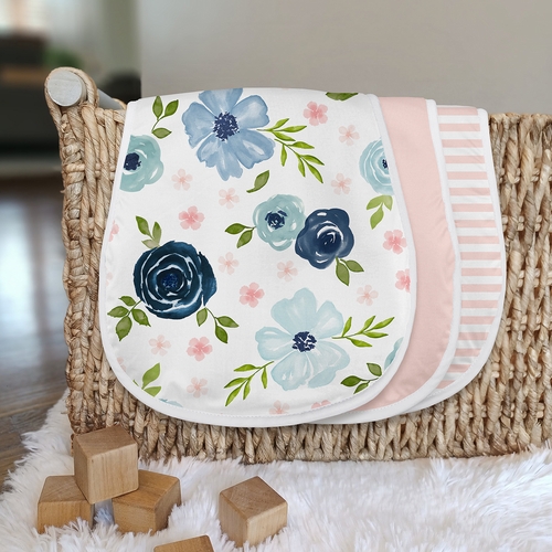Watercolor Floral Navy Blue and Pink Collection Absorbent Burp Cloths - 3 Pack Set - alt image 2