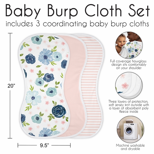 Watercolor Floral Navy Blue and Pink Collection Absorbent Burp Cloths - 3 Pack Set - alt image 5