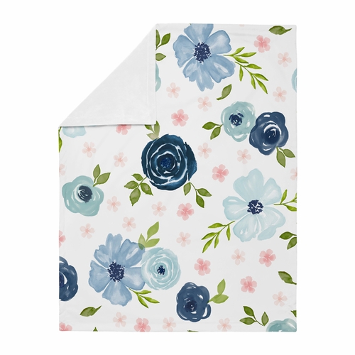 Watercolor Floral Navy Blue and Pink Collection Baby Blanket - alt image 1