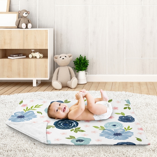 Watercolor Floral Navy Blue and Pink Collection Baby Blanket - alt image 2