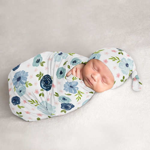 Watercolor Floral Navy Blue And Pink Collection Baby Cocoon and Beanie Hat - 2 Piece Set