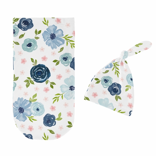 Watercolor Floral Navy Blue And Pink Collection Baby Cocoon and Beanie Hat - 2 Piece Set - alt image 1