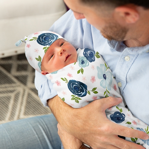 Watercolor Floral Navy Blue And Pink Collection Baby Cocoon and Beanie Hat - 2 Piece Set - alt image 2