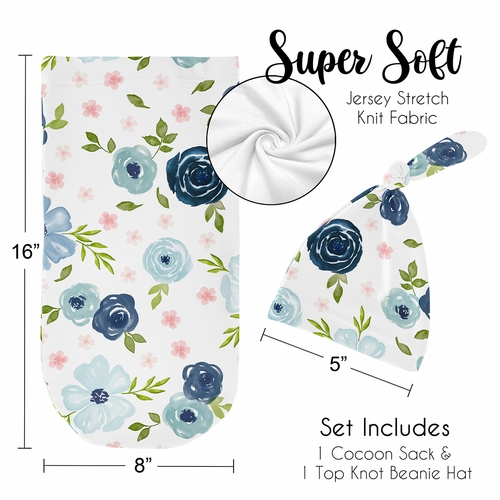 Watercolor Floral Navy Blue And Pink Collection Baby Cocoon and Beanie Hat - 2 Piece Set - alt image 4