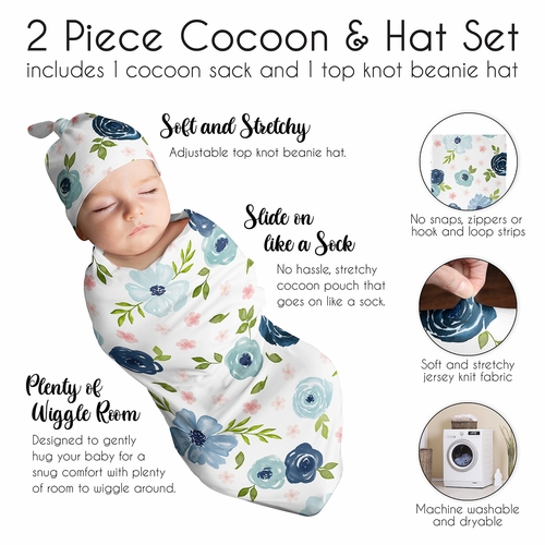 Watercolor Floral Navy Blue And Pink Collection Baby Cocoon and Beanie Hat - 2 Piece Set - alt image 5