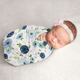 Watercolor Floral Navy Blue And Pink Collection Baby Swaddle Blanket