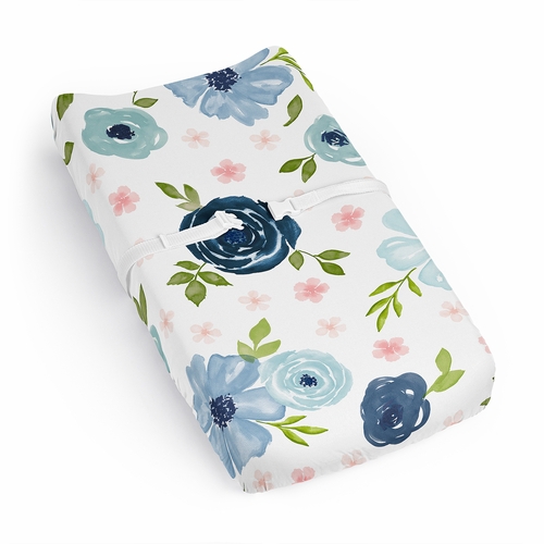 Watercolor Floral Navy Blue and Pink Collection Changing Pad Cover Sheet