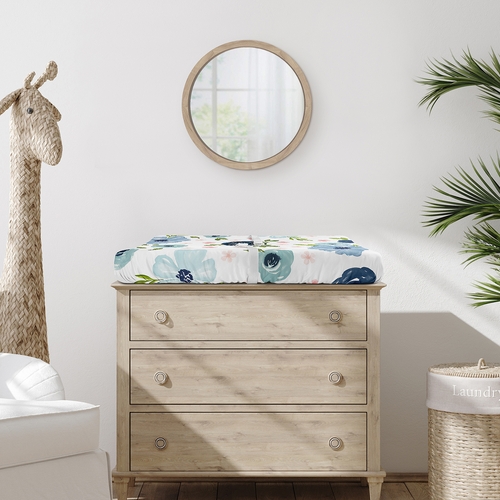 Watercolor Floral Navy Blue and Pink Collection Changing Pad Cover Sheet - alt image 1