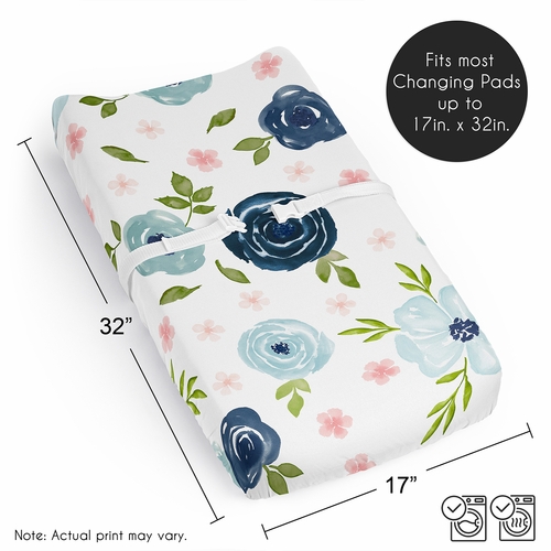 Watercolor Floral Navy Blue and Pink Collection Changing Pad Cover Sheet - alt image 5