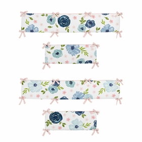 Watercolor Floral Navy Blue and Pink Collection Crib Bumper Pad