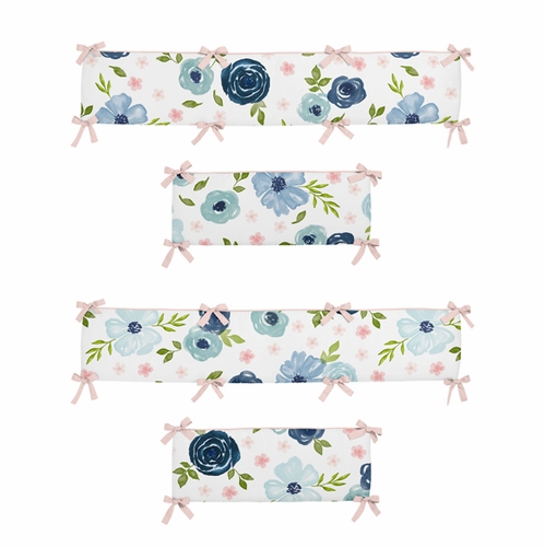 Watercolor Floral Navy Blue and Pink Collection Crib Bumper Pad