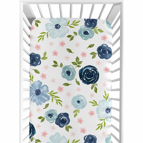 Watercolor Floral Navy Blue and Pink Collection Crib Sheet
