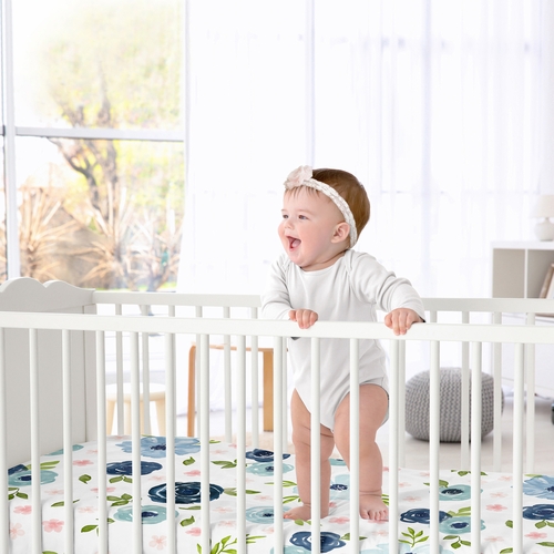 Watercolor Floral Navy Blue and Pink Collection Crib Sheet - alt image 1