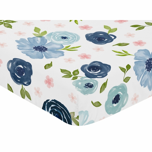 Watercolor Floral Navy Blue and Pink Collection Crib Sheet - alt image 2