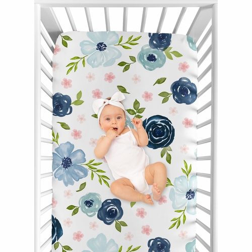 Watercolor Floral Navy Blue and Pink Collection Crib Sheet - alt image 3