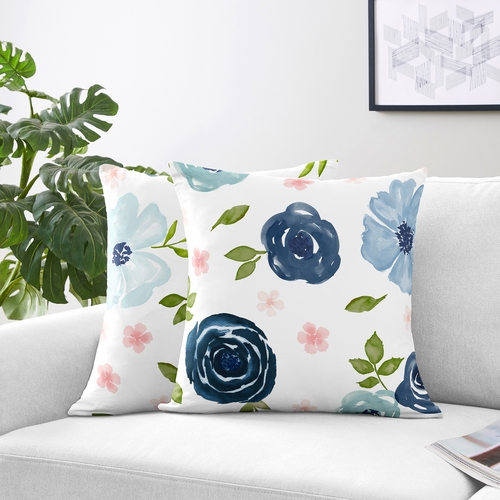Watercolor Floral Navy Blue And Pink Collection Decorative Accent Throw Pillow Covers - Set of 2 - alt image 2