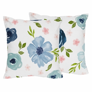 Watercolor Floral Navy Blue And Pink Collection Decorative Accent Throw Pillow Covers - Set of 2