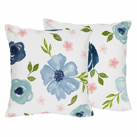 Watercolor Floral Navy Blue And Pink Collection Decorative Accent Throw Pillow Covers - Set of 2